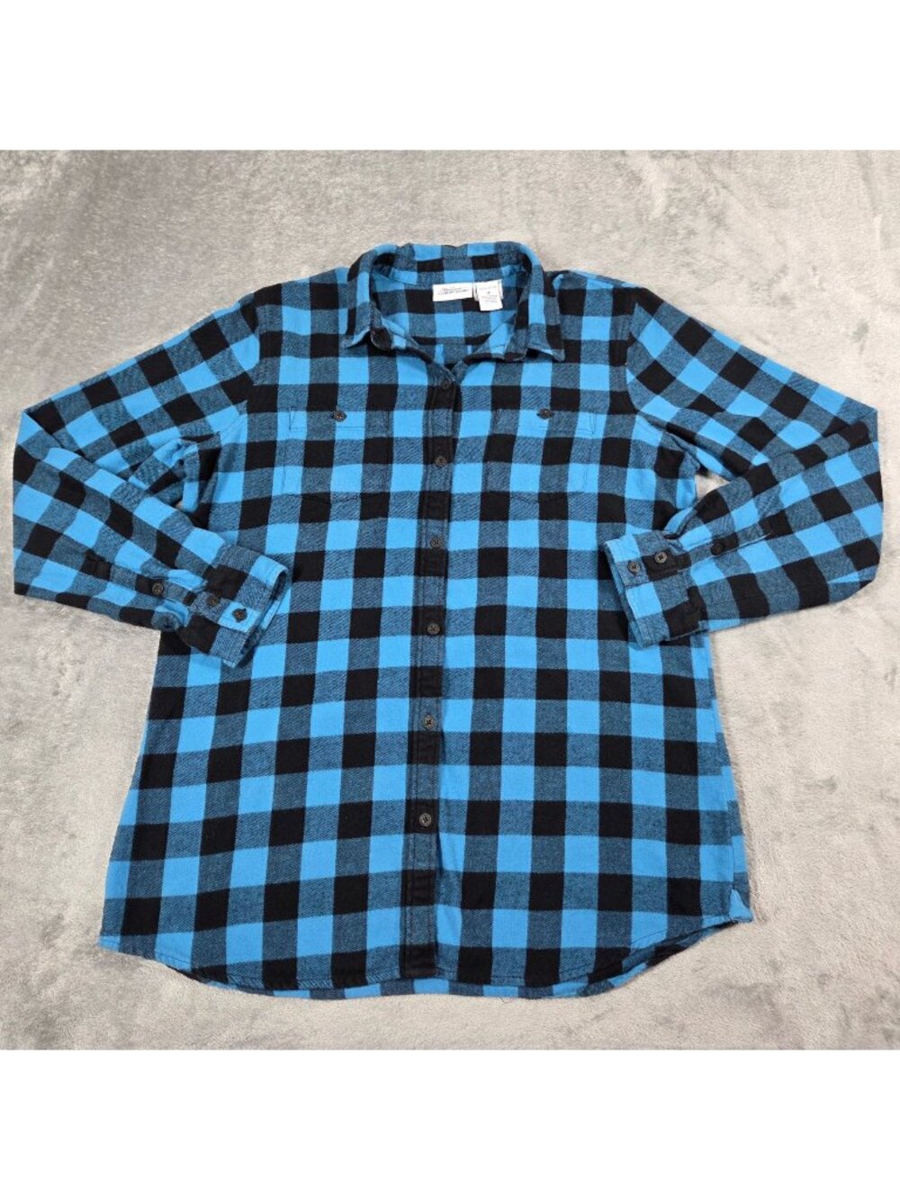Vermont Country Store Top Womens Medium Blue Black Check Flannel Boyfriend Shirt
